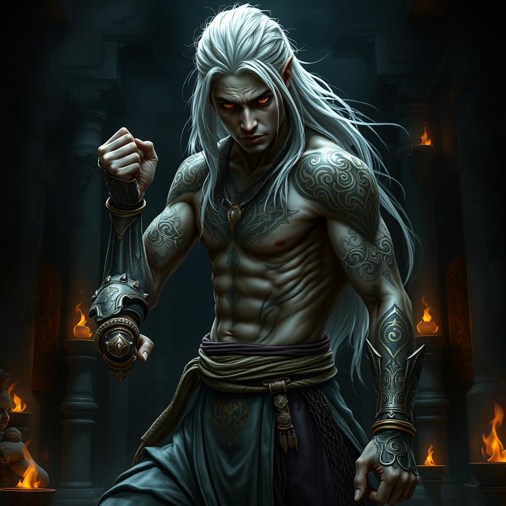 An elegant male adult githyanki monk, featuring intricate golden and silver tattoos on his skin, poised in a dynamic combat stance