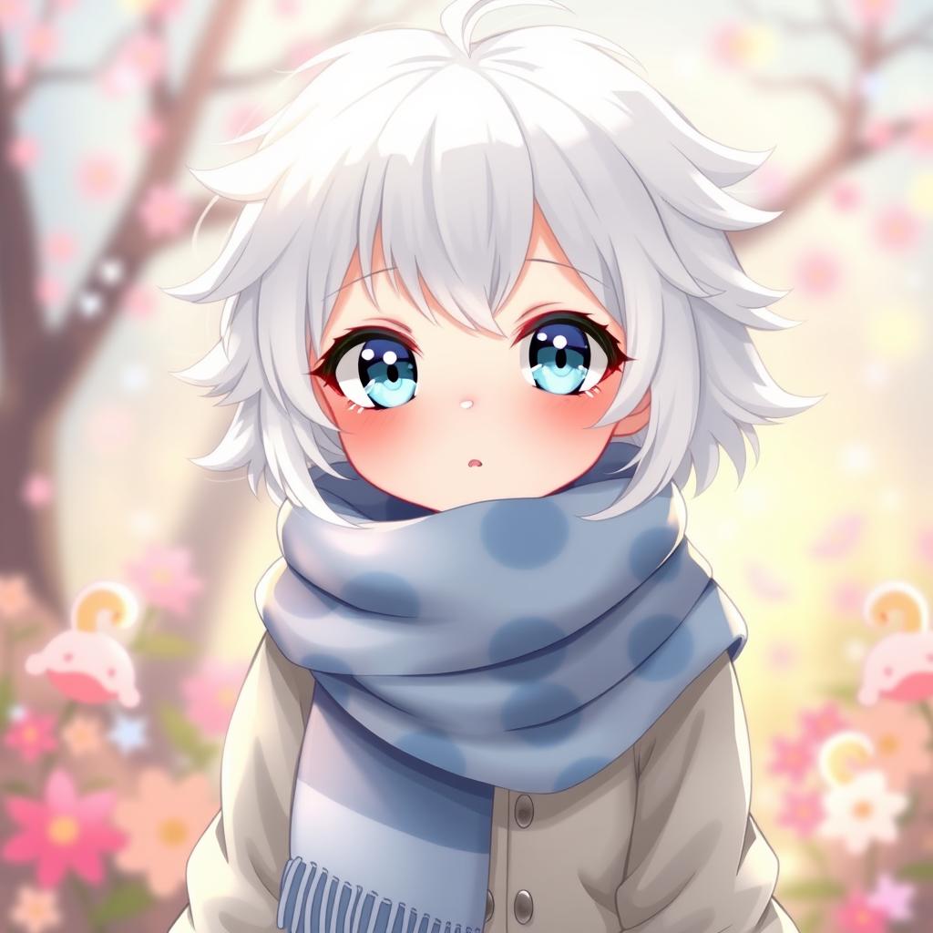 A cute female anime character with fluffy white hair and charming blue eyes that have a hint of white