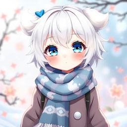A cute female anime character with fluffy white hair and charming blue eyes that have a hint of white