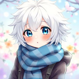 A cute female anime character with fluffy white hair and charming blue eyes that have a hint of white