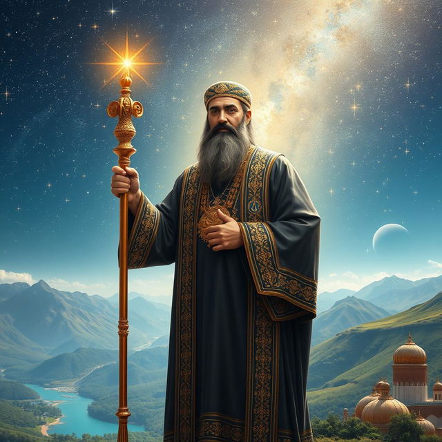 A serene and majestic depiction of Imam Mahdi, the Islamic savior, standing confidently against a backdrop of a luminous sky filled with stars