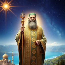 A serene and majestic depiction of Imam Mahdi, the Islamic savior, standing confidently against a backdrop of a luminous sky filled with stars
