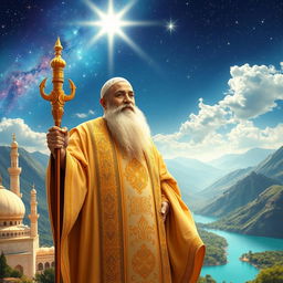 A serene and majestic depiction of Imam Mahdi, the Islamic savior, standing confidently against a backdrop of a luminous sky filled with stars