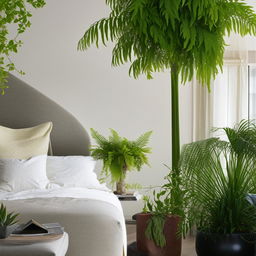 A collection of luscious and vibrant houseplants placed harmoniously around a comfortable and design-oriented bedroom.