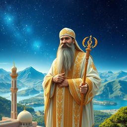 A serene and majestic depiction of Imam Mahdi, the Islamic savior, standing confidently against a backdrop of a luminous sky filled with stars
