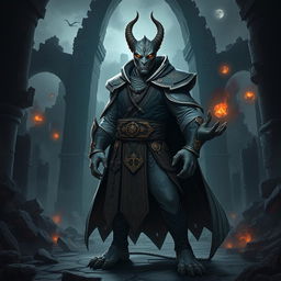 An elegant male loxodon sorcerer, standing tall and poised in a combat stance, displaying confidence and power