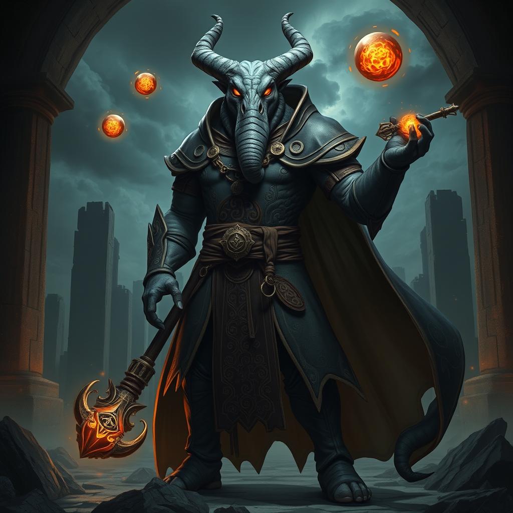 An elegant male loxodon sorcerer, standing tall and poised in a combat stance, displaying confidence and power