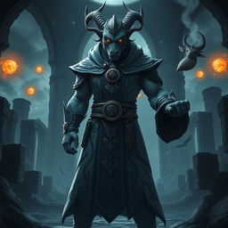 An elegant male loxodon sorcerer, standing tall and poised in a combat stance, displaying confidence and power