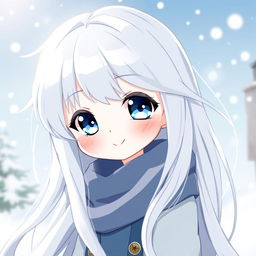 A cute female anime character with long white hair that flows gracefully