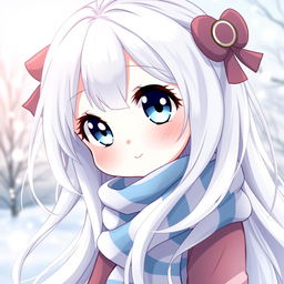 A cute female anime character with long white hair that flows gracefully