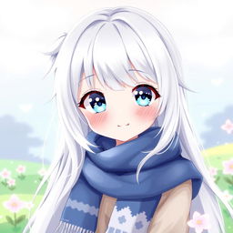 A cute female anime character with long, flowing white hair that has a soft shimmer