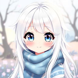 A cute female anime character with long, flowing white hair that has a soft shimmer