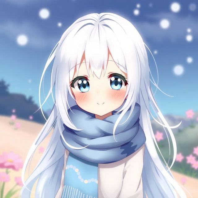 A cute female anime character with long, flowing white hair that has a soft shimmer