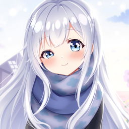 A cute female anime character with long, flowing white hair that has a soft shimmer