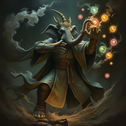 An elegant male elephant sorcerer, adorned with intricate robes and mystical symbols, poised in a dynamic combat stance within a dark, ominous environment