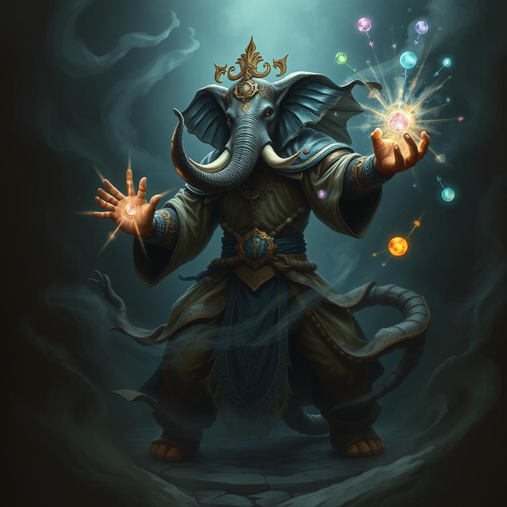 An elegant male elephant sorcerer, adorned with intricate robes and mystical symbols, poised in a dynamic combat stance within a dark, ominous environment