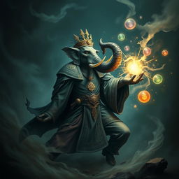 An elegant male elephant sorcerer, adorned with intricate robes and mystical symbols, poised in a dynamic combat stance within a dark, ominous environment