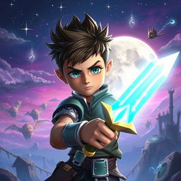 A young boy with a determined expression, wielding a mystical glowing sword, surrounded by an enchanting fantasy landscape filled with floating islands and ethereal creatures