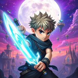 A young boy with a determined expression, wielding a mystical glowing sword, surrounded by an enchanting fantasy landscape filled with floating islands and ethereal creatures
