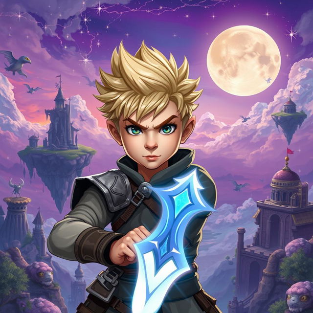 A young boy with a determined expression, wielding a mystical glowing sword, surrounded by an enchanting fantasy landscape filled with floating islands and ethereal creatures