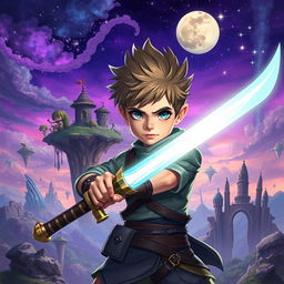 A young boy with a determined expression, wielding a mystical glowing sword, surrounded by an enchanting fantasy landscape filled with floating islands and ethereal creatures