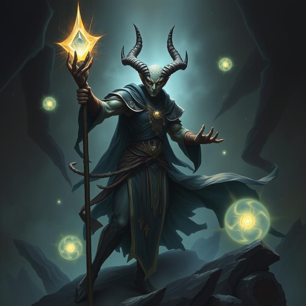 An elegant male githyanki sorcerer poised in a dynamic combat stance within a dark, ominous environment