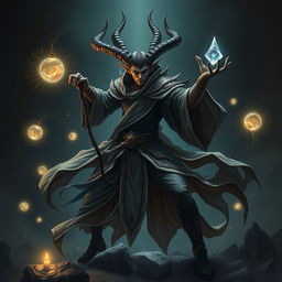 An elegant male githyanki sorcerer poised in a dynamic combat stance within a dark, ominous environment