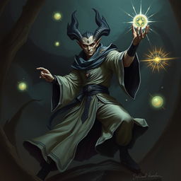 An elegant male githyanki sorcerer poised in a dynamic combat stance within a dark, ominous environment