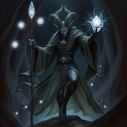 An elegant male githyanki sorcerer poised in a dynamic combat stance within a dark, ominous environment