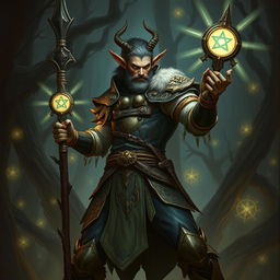 An elegant male firbolg cleric poised in a combat stance, set in a dark and ominous environment
