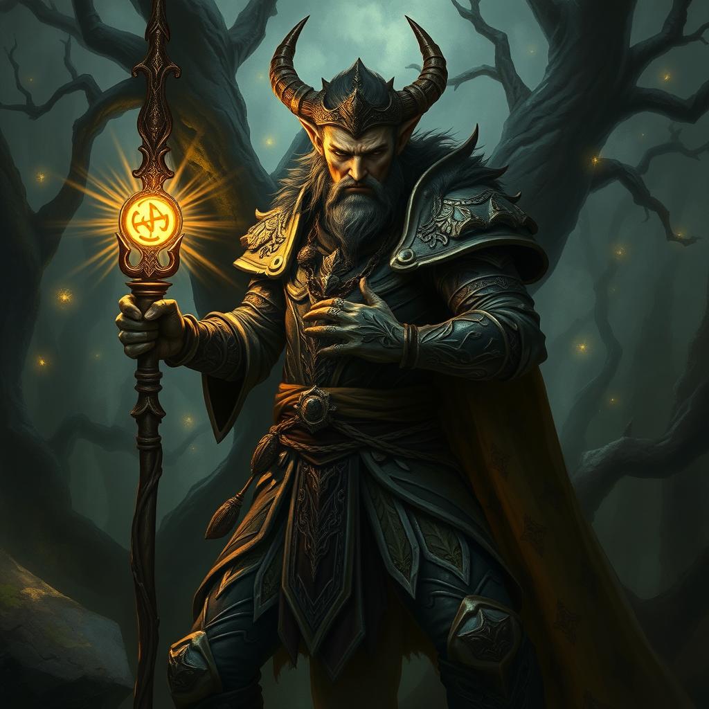 An elegant male firbolg cleric poised in a combat stance, set in a dark and ominous environment