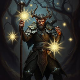 An elegant male firbolg cleric poised in a combat stance, set in a dark and ominous environment