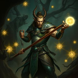 An elegant male firbolg cleric poised in a combat stance, set in a dark and ominous environment