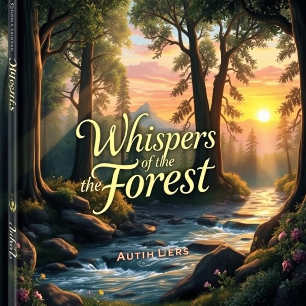 A captivating book cover featuring an enchanting landscape with a magical forest, illustrating dappled sunlight streaming through the tall, ancient trees