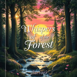 A captivating book cover featuring an enchanting landscape with a magical forest, illustrating dappled sunlight streaming through the tall, ancient trees