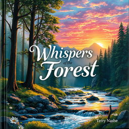 A captivating book cover featuring an enchanting landscape with a magical forest, illustrating dappled sunlight streaming through the tall, ancient trees
