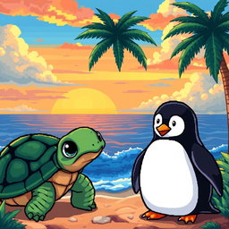 A vibrant and colorful pixel art landscape, designed for a podcast setting