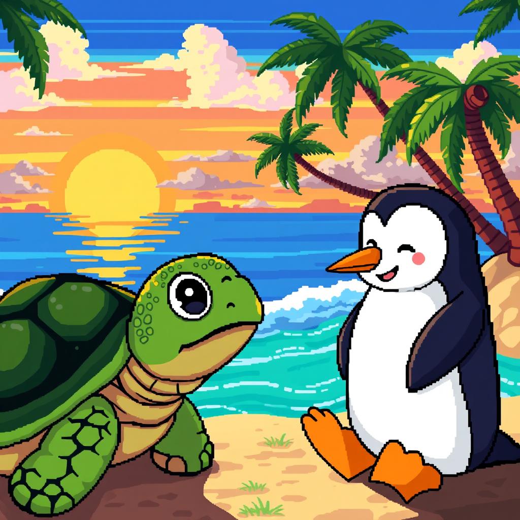 A vibrant and colorful pixel art landscape, designed for a podcast setting