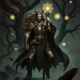 An elegant male Firbolg cleric, with tall and muscular build, long flowing hair, wearing ornate, intricately detailed robes adorned with symbols of his faith