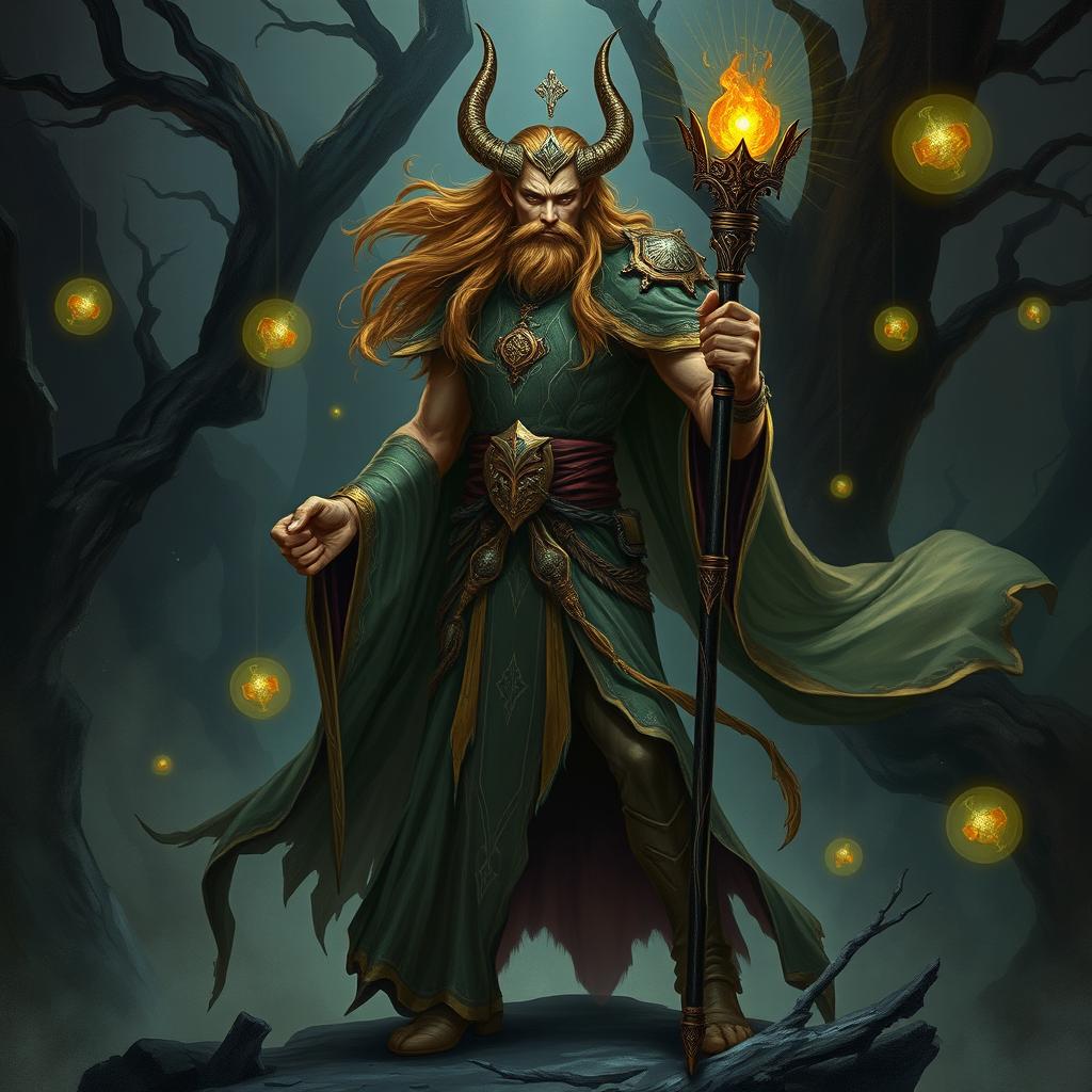 An elegant male Firbolg cleric, with tall and muscular build, long flowing hair, wearing ornate, intricately detailed robes adorned with symbols of his faith