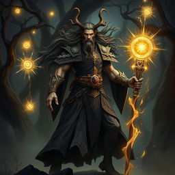 An elegant male Firbolg cleric, with tall and muscular build, long flowing hair, wearing ornate, intricately detailed robes adorned with symbols of his faith