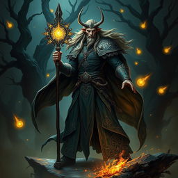 An elegant male Firbolg cleric, with tall and muscular build, long flowing hair, wearing ornate, intricately detailed robes adorned with symbols of his faith