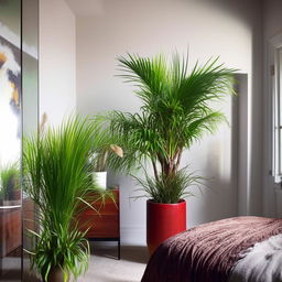 A collection of luscious and vibrant houseplants placed harmoniously around a comfortable and design-oriented bedroom.