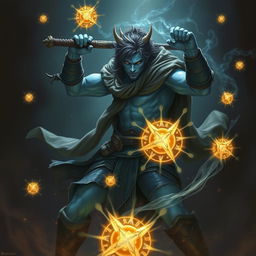 An elegant male Firbolg cleric in an active combat stance, showcasing his strength and grace in a dark, ominous environment