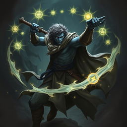 An elegant male Firbolg cleric in an active combat stance, showcasing his strength and grace in a dark, ominous environment