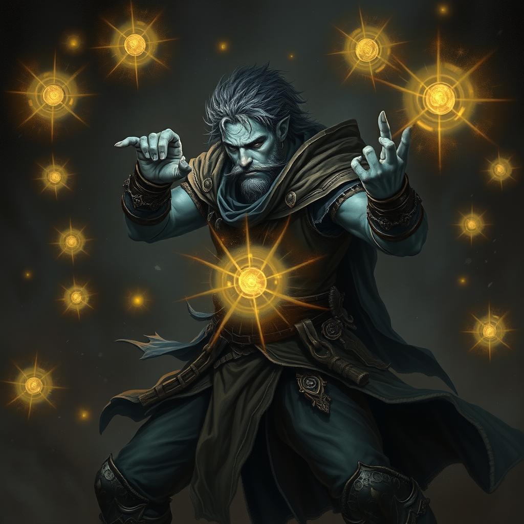 An elegant male Firbolg cleric in an active combat stance, showcasing his strength and grace in a dark, ominous environment