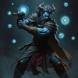 An elegant male Firbolg cleric in an active combat stance, showcasing his strength and grace in a dark, ominous environment