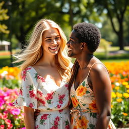 A striking portrait of a beautiful blonde woman in an interracial setting, showcasing diversity and harmony
