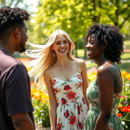 A striking portrait of a beautiful blonde woman in an interracial setting, showcasing diversity and harmony