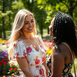 A striking portrait of a beautiful blonde woman in an interracial setting, showcasing diversity and harmony